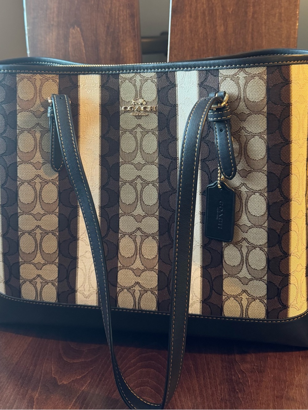 Coach Signature Stripe Canvas Tote in Brown, Black and Cream